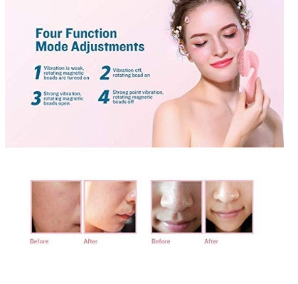 Gentle Multifunctional Facial Brush showing four function mode adjustments and before-after skin results.