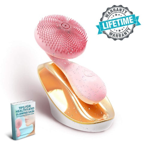 Gentle Multifunctional Facial Brush shown with a lifetime warranty badge and skincare tips book.